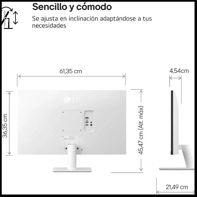 LG 27US500-W 27 4K Ultra HD LCD IPS branco com traseira limpa, base retangular ajustável em inclinação, portas HDMI e DisplayPort, perfil fino