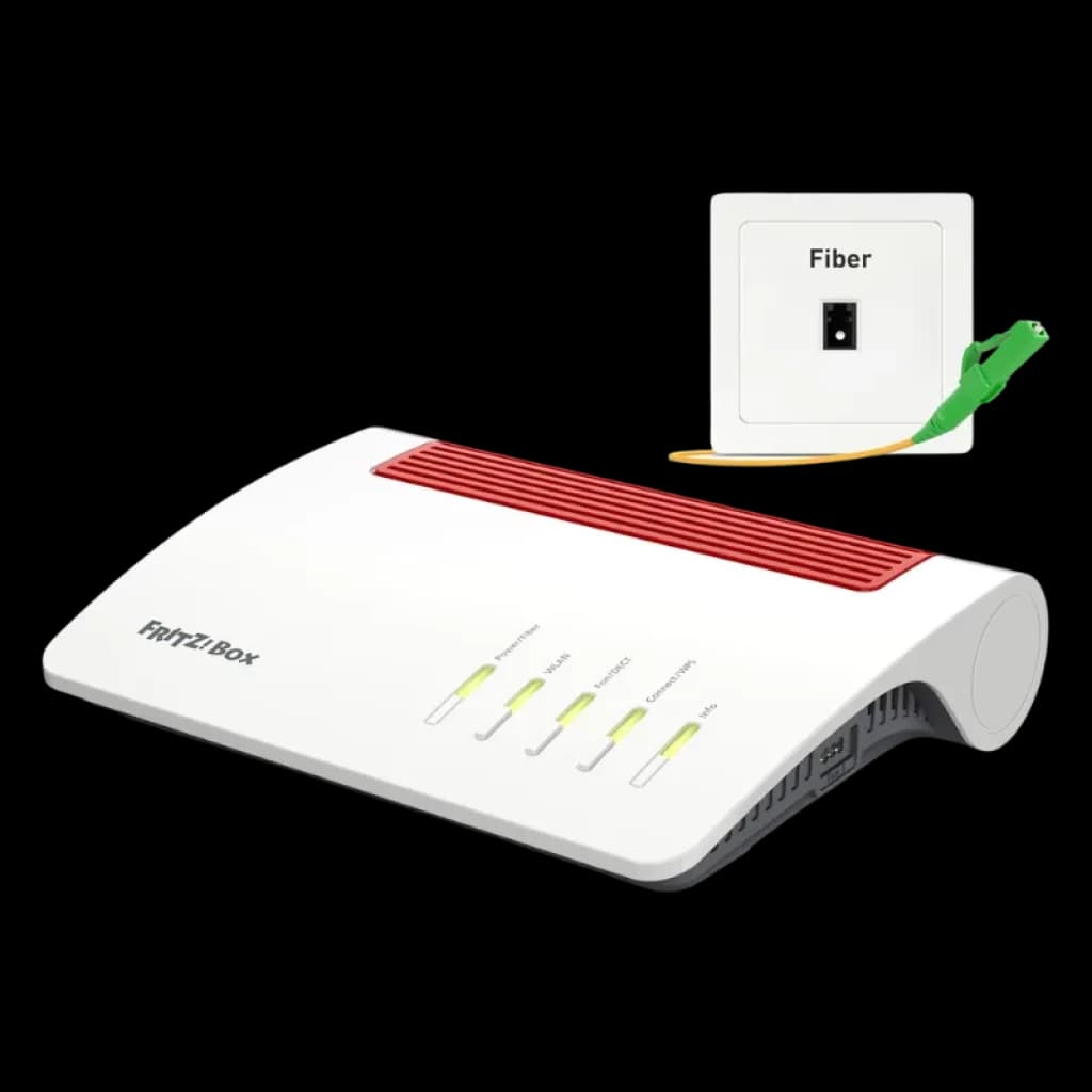 Router FRITZ!Box 5590 Fiber com design branco, antenas internas e slot SFP