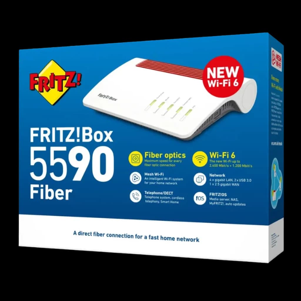 Caixa do FRITZ!Box 5590 Fiber WiFi 6 com imagem do router branco e vermelho, destaca Wi‑Fi 6, fibra, portas LAN, USB 3.0 e funções de malha e telefonia