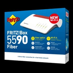 Caixa do FRITZ!Box 5590 Fiber WiFi 6 com imagem do router branco e vermelho, destaca Wi‑Fi 6, fibra, portas LAN, USB 3.0 e funções de malha e telefonia