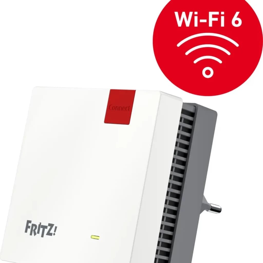 FRITZ! 1200 AX Repetidor Wi‑Fi 6, corpo branco com botão Connect vermelho, indicador LED, grelha lateral cinza e ficha de tomada integrada