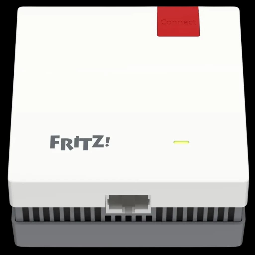 Repetidor FRITZ! 1200 AX branco, botão vermelho Connect, LED de status, corpo compacto com grelhas de ventilação e porta Ethernet frontal
