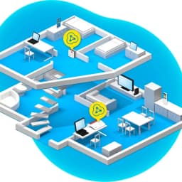 Ilustração de casa em dois andares com repetidores Wi‑Fi 6 distribuídos, cobrindo salas e escritórios, conectando laptops, TVs e smartphones via rede mesh