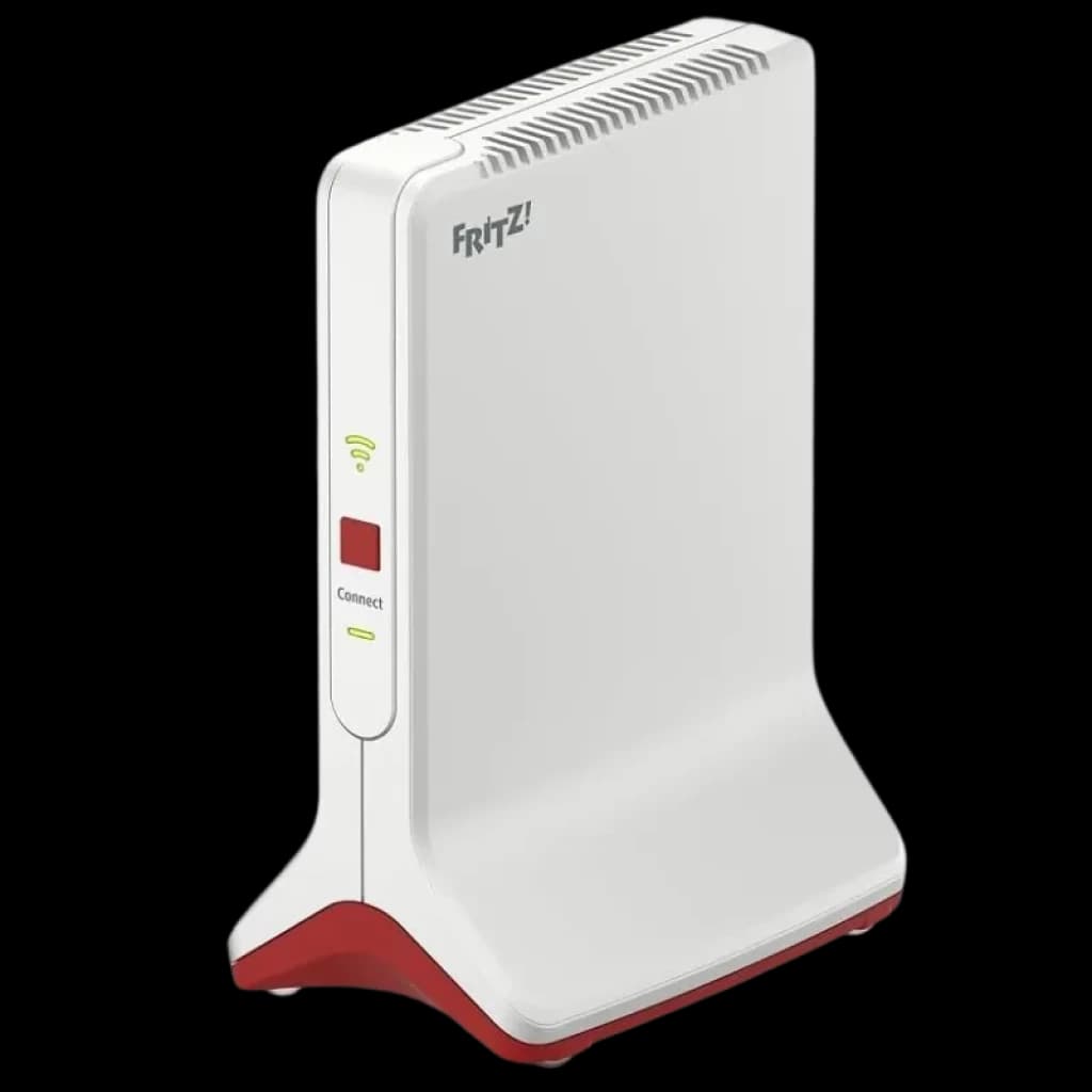 Parte frontal do repetidor FRITZ!Repeater 6000, design em torre nas cores branco e vermelho