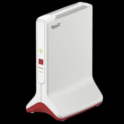 Parte frontal do repetidor FRITZ!Repeater 6000, design em torre nas cores branco e vermelho