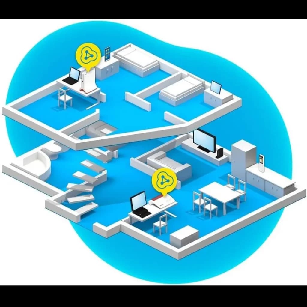 Diagrama de uma casa de dois andares mostrando cobertura WiFi tri-band com repetidores e dispositivos conectados em vários cômodos, destacando o sinal forte
