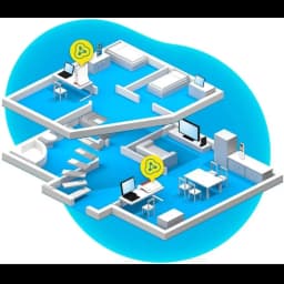 Diagrama de uma casa de dois andares mostrando cobertura WiFi tri-band com repetidores e dispositivos conectados em vários cômodos, destacando o sinal forte