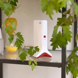 Repetidor FRITZ!Repeater 6000 WiFi 6 tribanda na cor branca com base vermelha, luz LED de estado e botão Connect, design vertical sobre prateleira interior