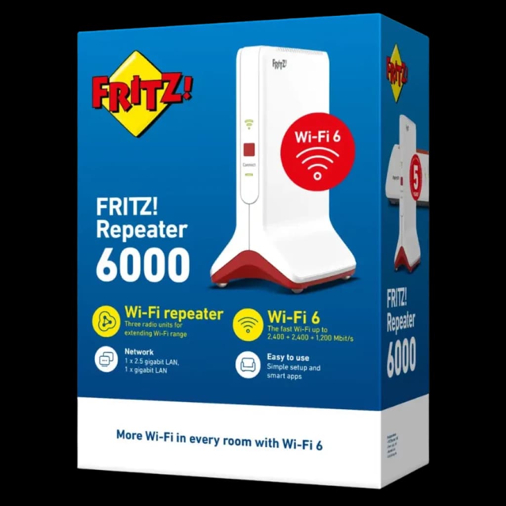 Caixa do FRITZ!Repeater 6000 WiFi 6 tribanda, design branco com base vermelha, logótipo FRITZ! amarelo, destaca Wi-Fi 6, portas LAN 2.5G e 1G, configuração fácil