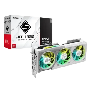 Asrock Steel Legend AMD Radeon RX 9070 XT 16 GB GDDR6 com triple ventoinha RGB, carcaça branca prateada e backplate robusto para alto desempenho