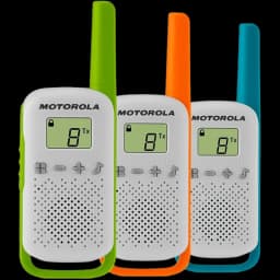 Lot de 3 talkies-walkies compacts Motorola T42 avec coques vert, orange et bleu, écran LCD, boutons latéraux, haut-parleur perforé et antenne longue