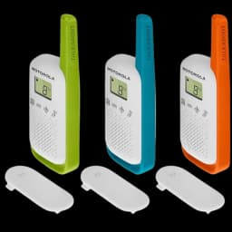 Lot de 3 talkies walkies compacts Motorola T42 blancs avec coques vert, bleu et orange, écran LCD, touches latérales, clip ceinture amovible, design léger