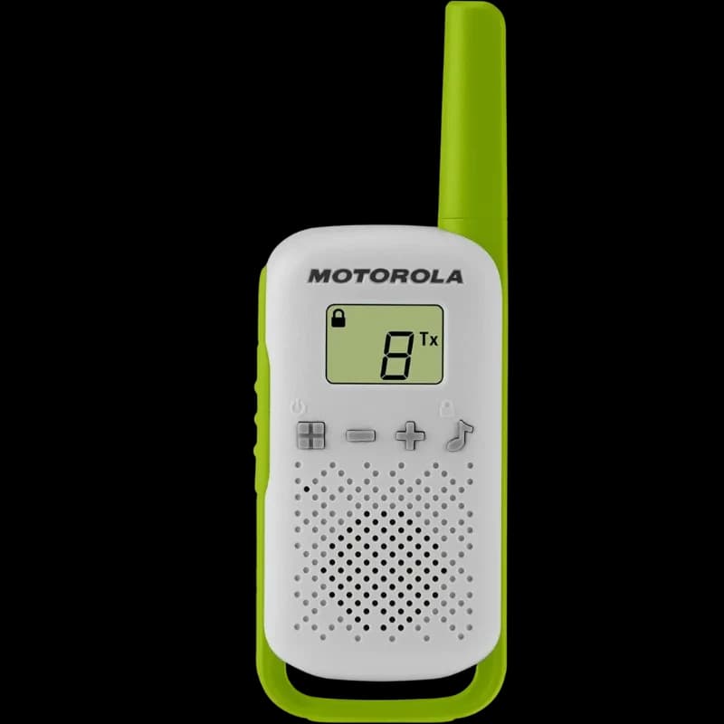 Talkie-walkie Motorola T42 vert et blanc avec écran LCD, antenne longue, haut-parleur perforé, boutons volume et musique, indicateur de canal et verrouillage