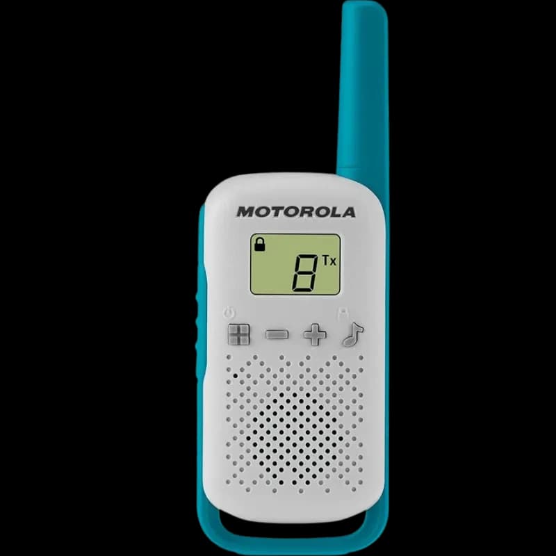 Talkie-walkie Motorola T42 blanc avec accents turquoise, antenne longue, écran LCD affichage canal, boutons volume et menu, grille de haut-parleur perforée