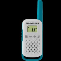 Talkie-walkie Motorola T42 blanc avec accents turquoise, antenne longue, écran LCD affichage canal, boutons volume et menu, grille de haut-parleur perforée