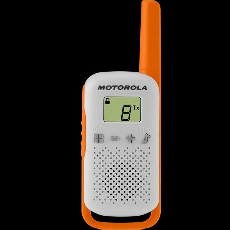 Talkie-walkie compact blanc et orange avec écran LCD, antenne longue, haut-parleur perforé, boutons volume et menu, icônes verrouillage et transmission Tx