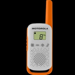Talkie-walkie compact blanc et orange avec écran LCD, antenne longue, haut-parleur perforé, boutons volume et menu, icônes verrouillage et transmission Tx