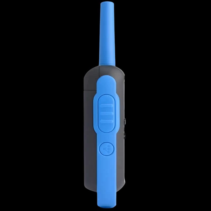 Walkie talkie Motorola TALKABOUT T62 negro y azul, vista lateral. Antena larga, botón PTT texturizado y clip lateral. Diseño compacto y robusto.