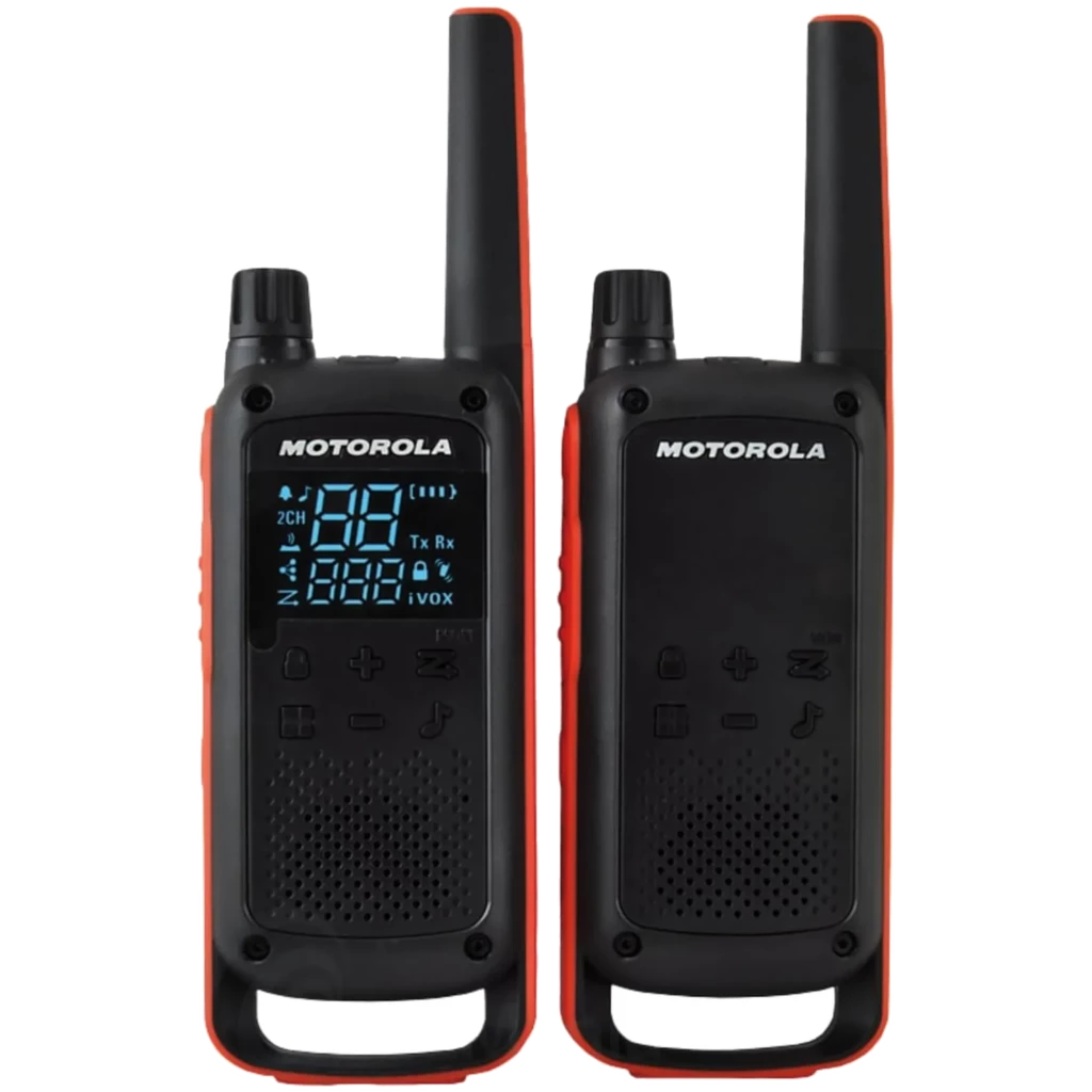 Pack de 2 walkie talkies Motorola Talkabout T82 en negro con bordes naranjas, pantalla retroiluminada azul, 16 canales, antena larga y botones laterales - Ítem