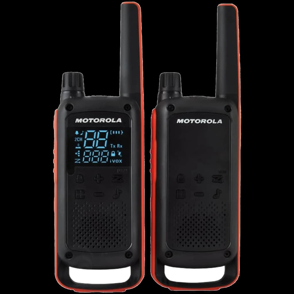 Talkie-walkies noirs et orange avec écran rétroéclairé bleu, 16 canaux, boutons latéraux, antenne longue et boîtier robuste en pack de 2
