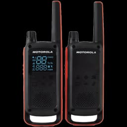 Talkie-walkies noirs et orange avec écran rétroéclairé bleu, 16 canaux, boutons latéraux, antenne longue et boîtier robuste en pack de 2