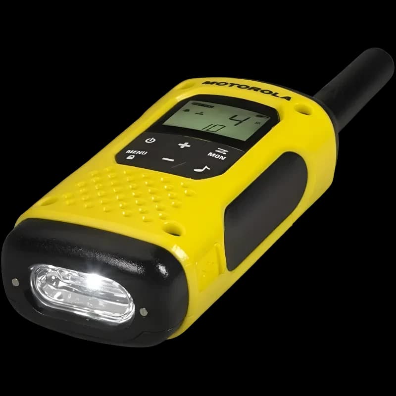 Talkie-walkie jaune et noir avec écran LCD, antenne courte, boutons + et -, lampe frontale intégrée, texture antidérapante et coque robuste étanche H2O