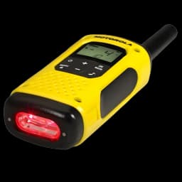 Talkie-walkie jaune Motorola avec écran LCD, boutons + -, texture antidérapante, antenne courte et lampe rouge intégrée pour signalisation