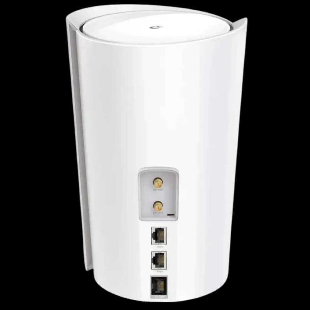 TP-Link Deco X50-5G Blanc, boîtier cylindrique épuré avec antennes 5G SMA arrière, trois ports Ethernet et bouton power, finition mate moderne