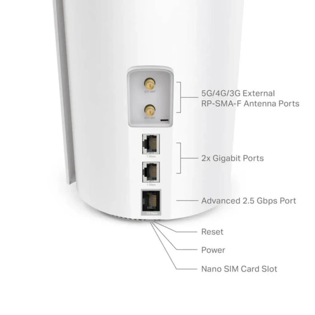 TP-Link Deco X50-5G Blanc avec ports antennes RP-SMA-F 5G/4G/3G, 2 ports Gigabit, un port 2,5 Gbps, slot nano SIM, boutons Reset et Power