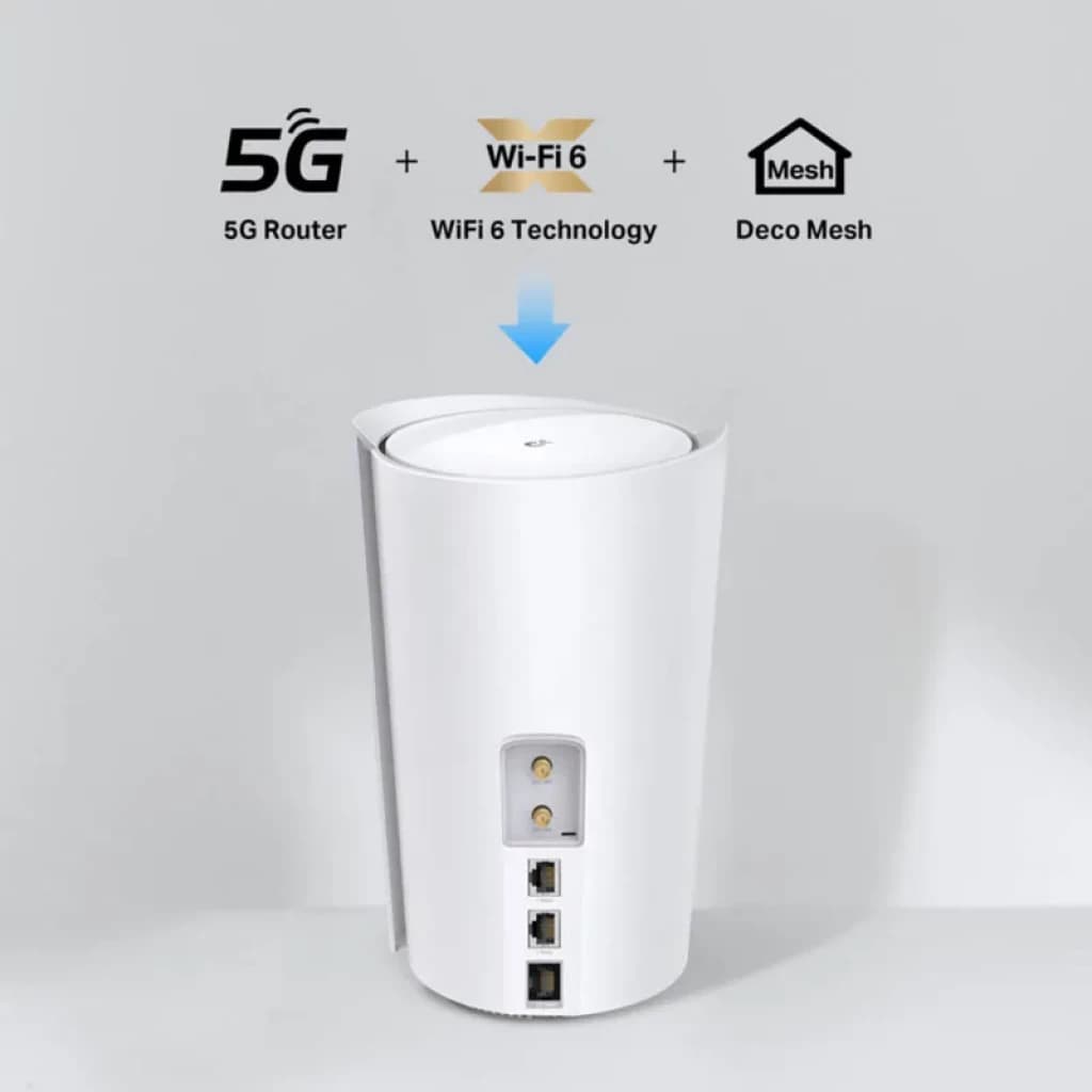 TP-Link Deco X50-5G Blanc, boîtier cylindrique épuré avec ports Ethernet, LED discrète, prise SIM 5G et indicateurs, idéal réseau maillé WiFi 6 rapide