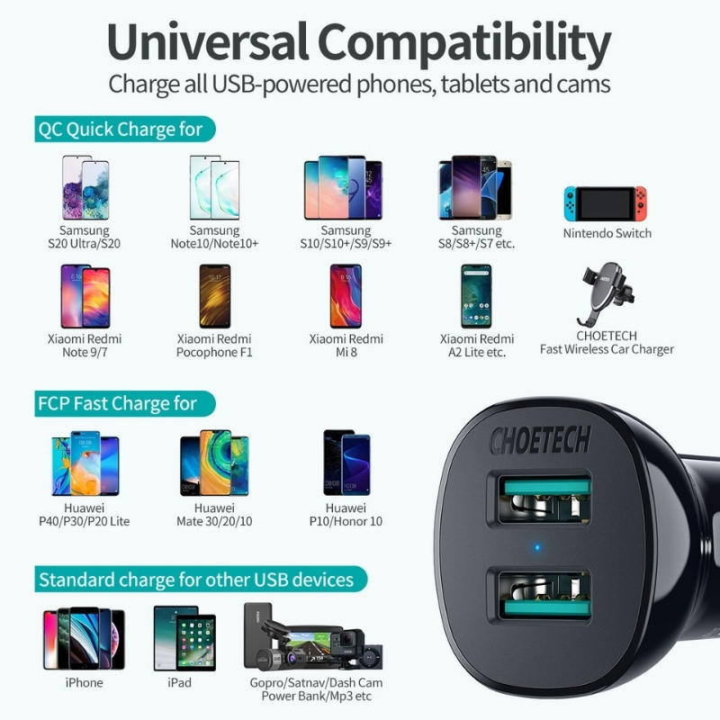 Chargeur de Voiture Choetech 30 W 2×USB‑A - Ítem3