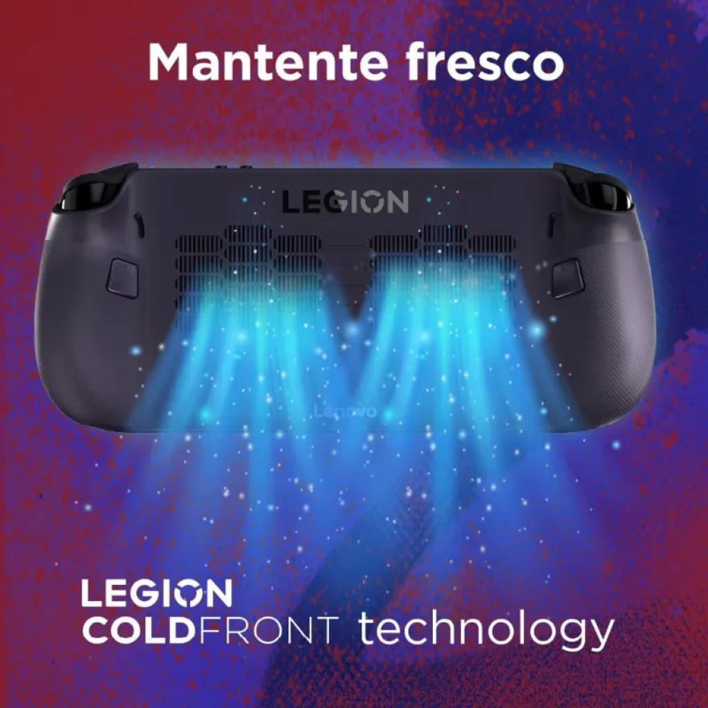 Consola portátil Lenovo Legion Go S negra con joysticks y botones iluminados en púrpura, gran pantalla central mostrando arte futurista y altavoces frontales - Ítem8
