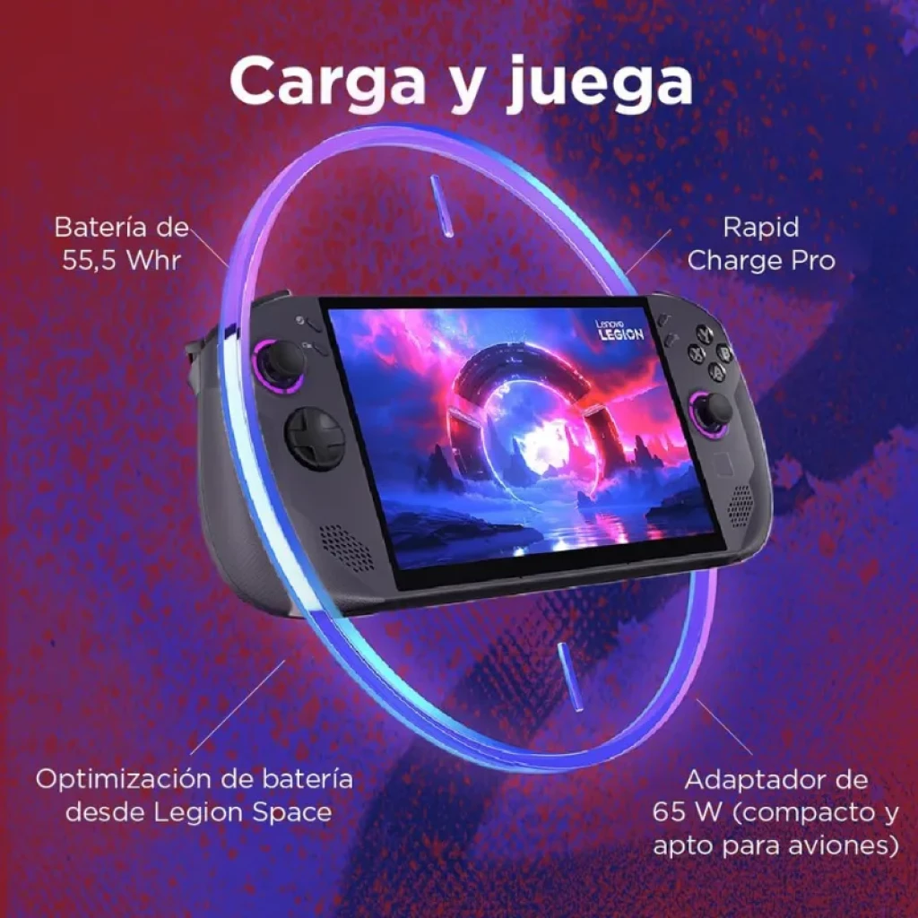 Consola portátil Lenovo Legion Go S negra con joysticks y botones iluminados en púrpura, gran pantalla central mostrando arte futurista y altavoces frontales - Ítem9