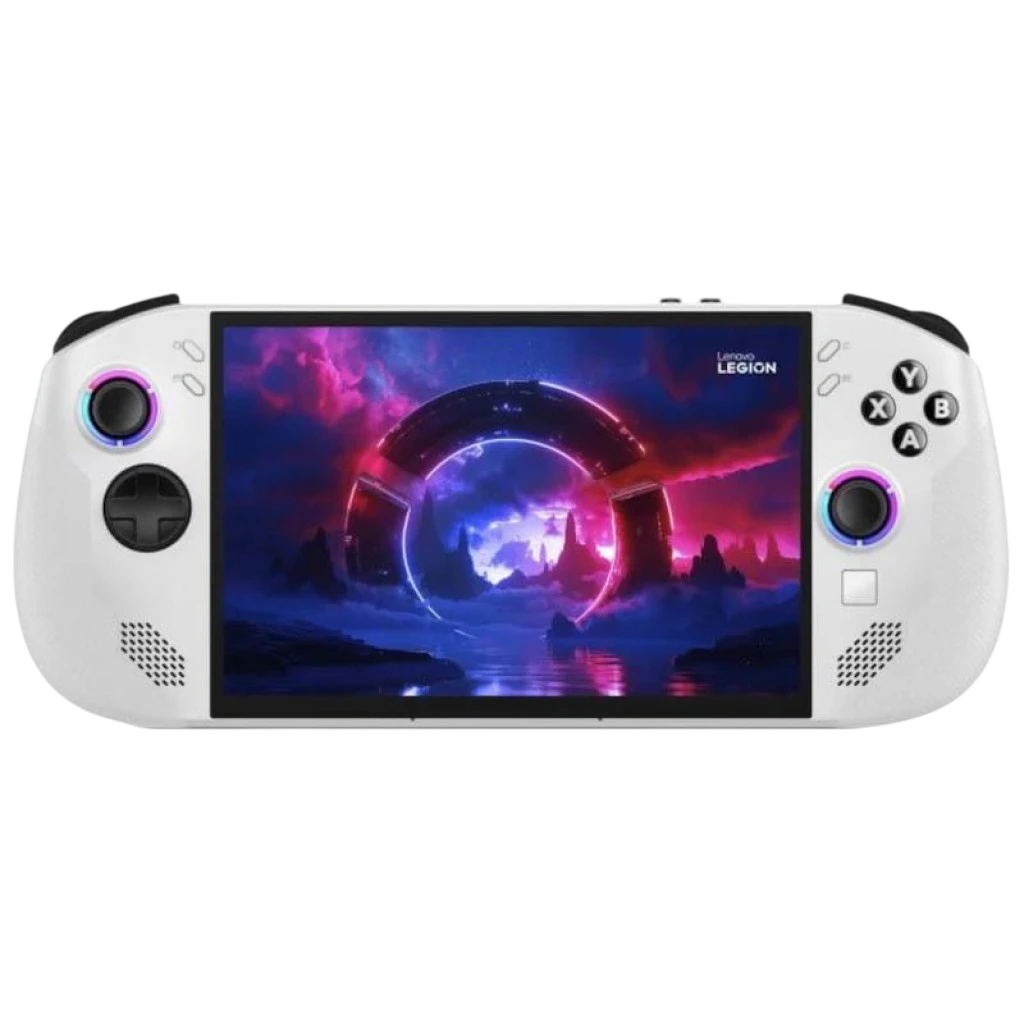 Console portable blanche avec grand écran, manettes avec anneau LED, boutons ABXY noirs, gâchettes supérieures et haut-parleurs frontaux ; design Lenovo Legion Go S - Ítem