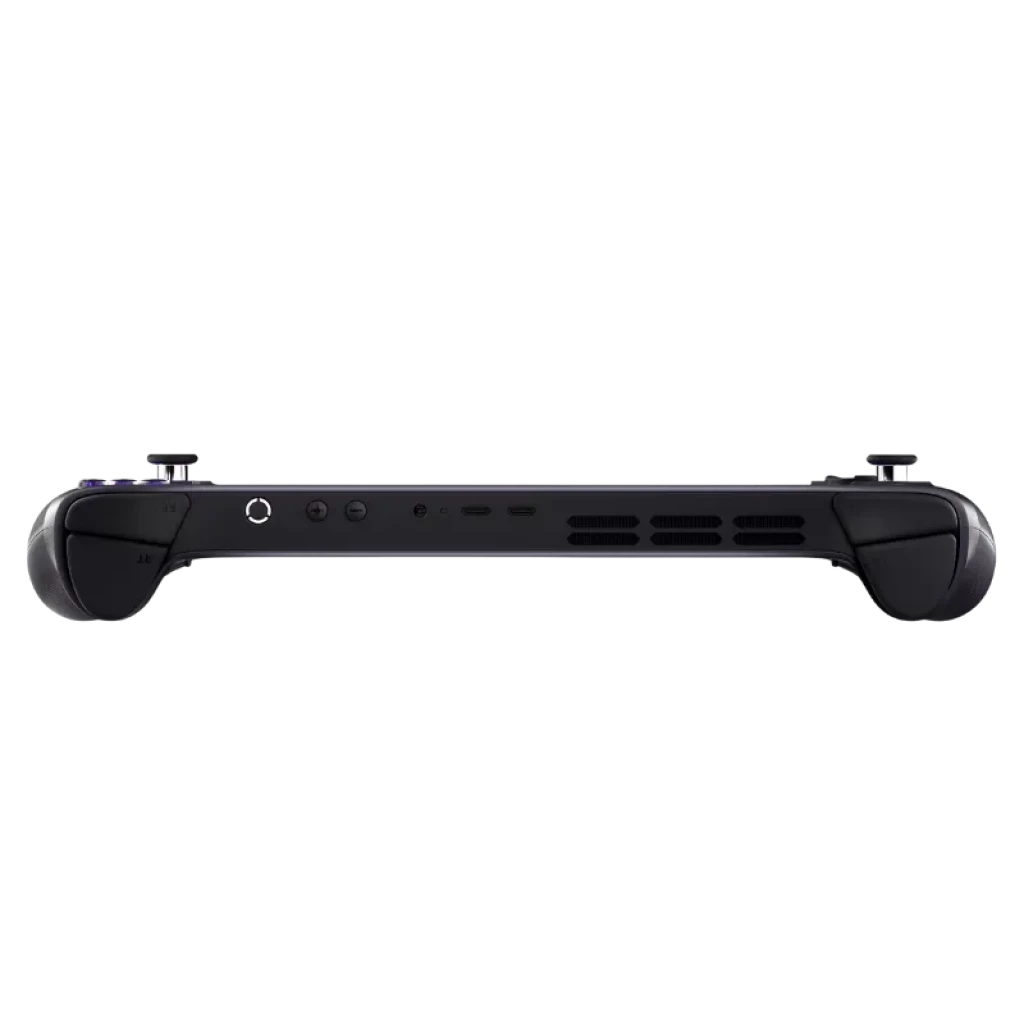 Consola portátil Lenovo Legion Go S negra con joysticks y botones iluminados en púrpura, gran pantalla central mostrando arte futurista y altavoces frontales - Ítem3