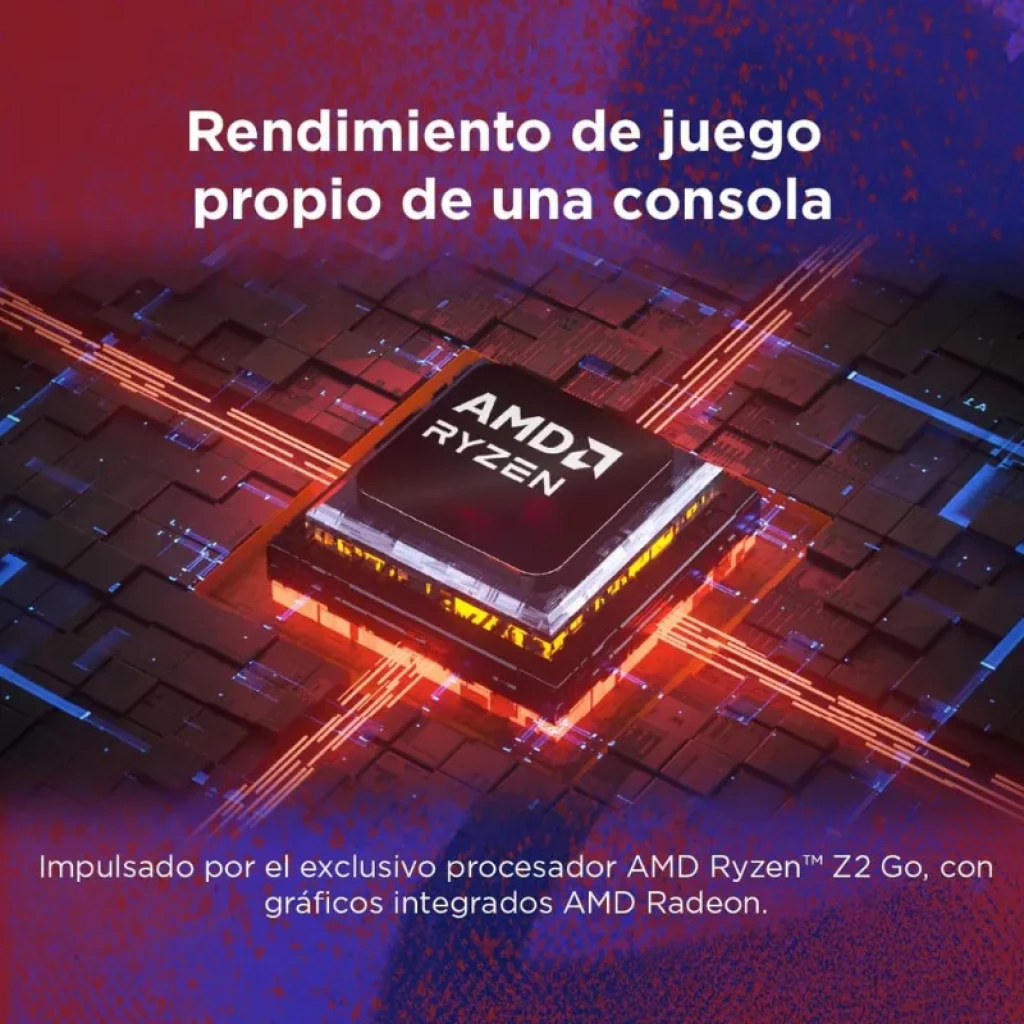 Consola portátil Lenovo Legion Go S negra con joysticks y botones iluminados en púrpura, gran pantalla central mostrando arte futurista y altavoces frontales - Ítem6