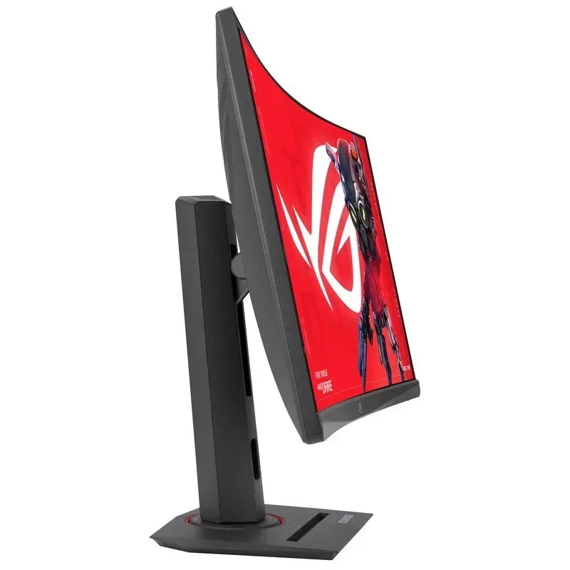 Monitor gamer curvo 27 pol QHD com molduras finas, base ajustável e tela vibrante; exibe mascote ROG em fundo vermelho, ideal para setups de alto desempenho - Item3