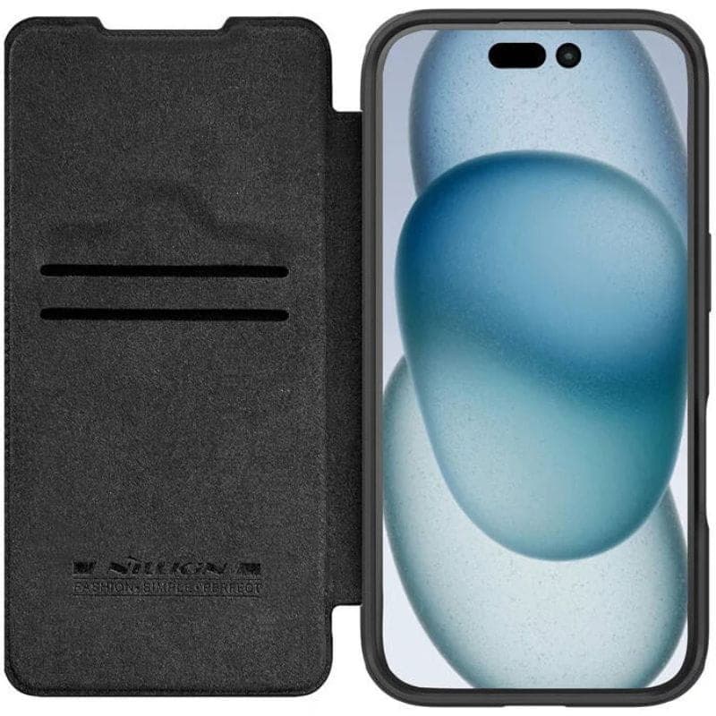 Nillkin Qin Prop Étui en cuir pour iPhone 16 Pro Max Noir, image ouverte