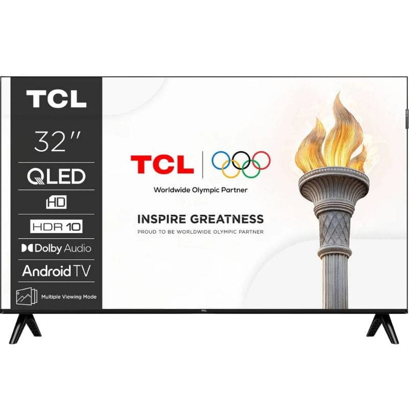 TCL 32S4K 32 pulgadas HD QLED con biseles delgados, patas dobles, grosor 75 mm, VESA 100x100, incluye control RC733A; pantalla con colores vivos.
