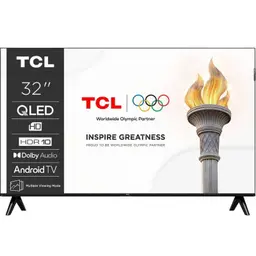 TCL 32S4K 32 pulgadas HD QLED con biseles delgados, patas dobles, grosor 75 mm, VESA 100x100, incluye control RC733A; pantalla con colores vivos.