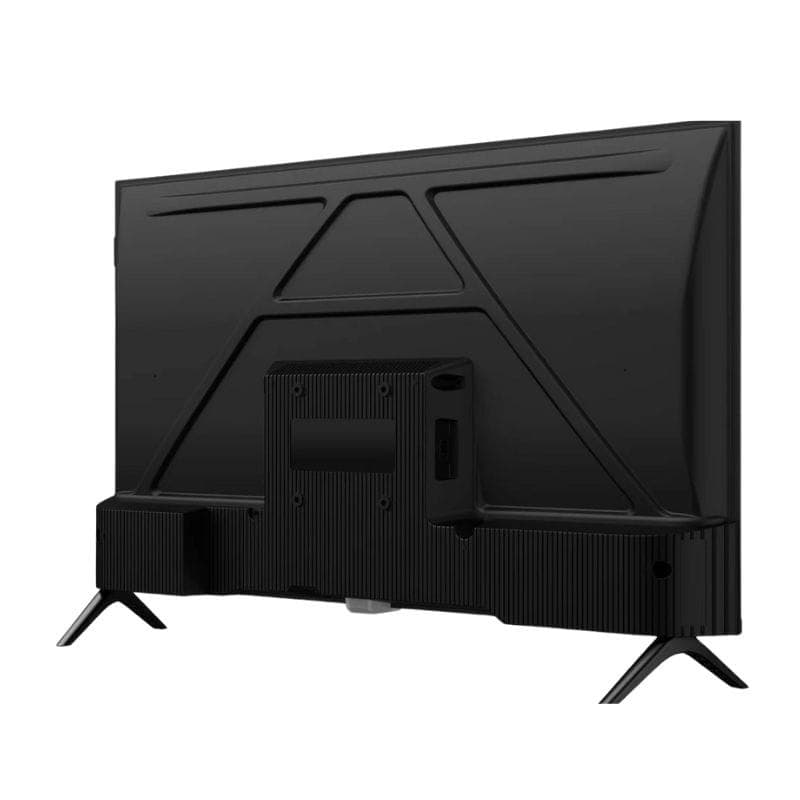 Parte trasera de TCL 32S4K 32" HD QLED: panel negro con tapa texturizada, puertos laterales, soporte central para pared y patas metálicas inclinadas.