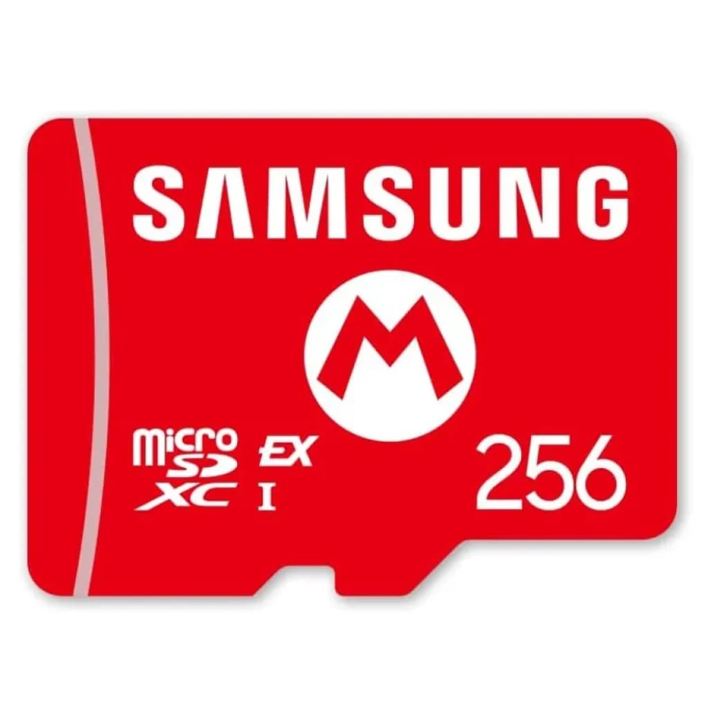 Cartão microSDXC Samsung vermelho com logótipo M da Nintendo, 256 GB, classe UHS I, design EX. Compatível com Nintendo Switch 2