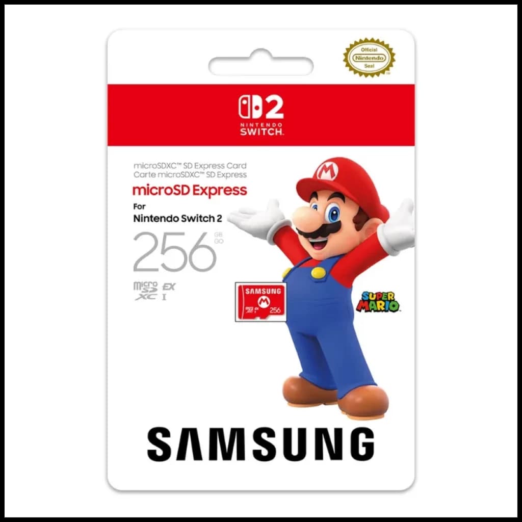 Cartão MicroSDXC Samsung Express 256 GB com licença Nintendo Switch 2, embalagem branca e vermelha com Mario, logótipos microSDXC e UHS-I, design oficial da Nintendo