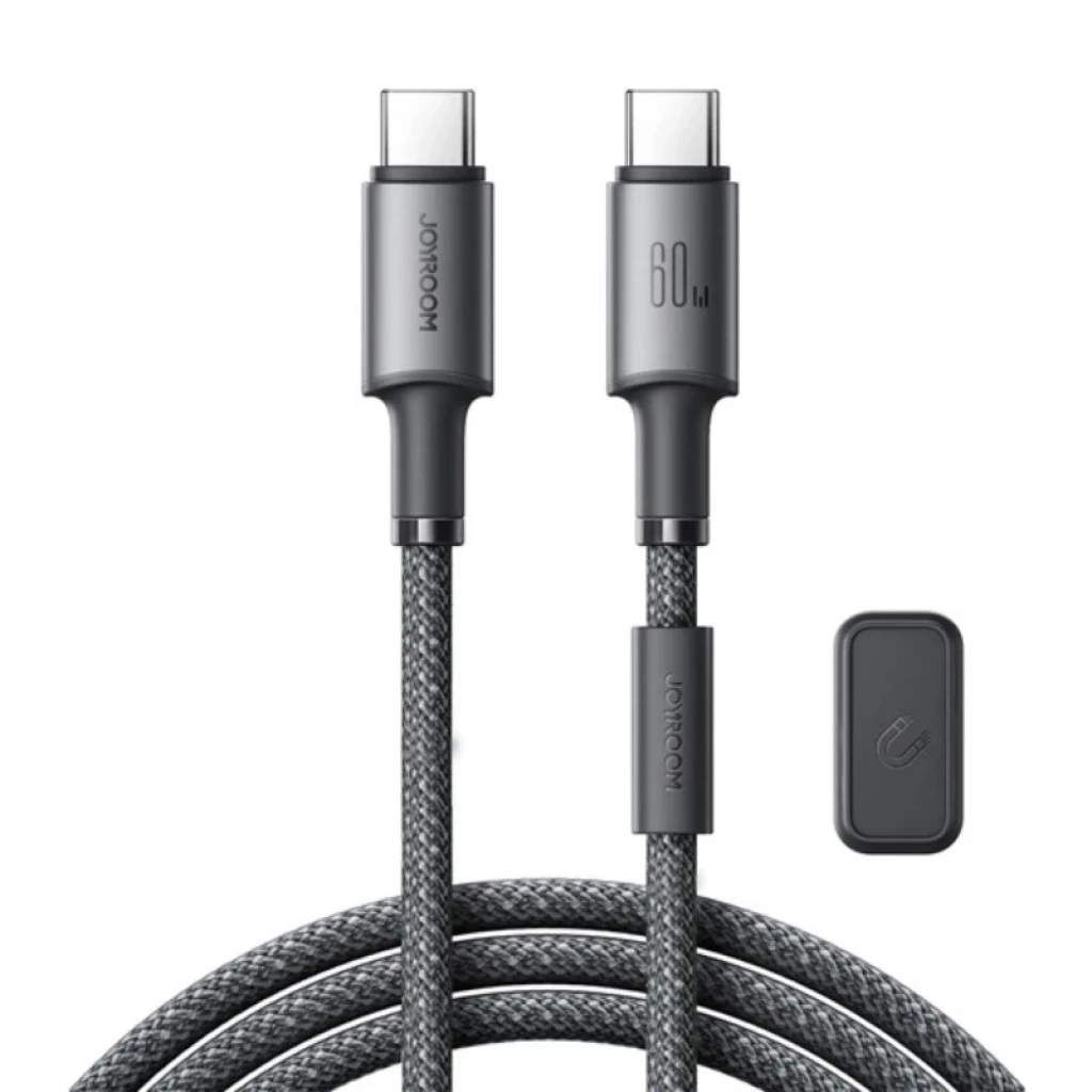Cable de Carga Rápida USB-C a USB-C Joyroom Unlimited Series S-A50 con conector 60 W, cable trenzado gris y organizador magnético desmontable