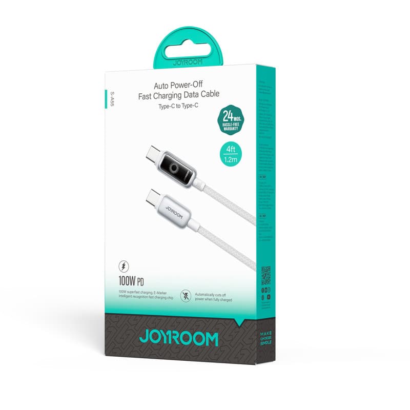 Joyroom Cable Intelligent Power‑Off 100 W USB‑C a USB‑C 1,2 m, Blanco, Caja
