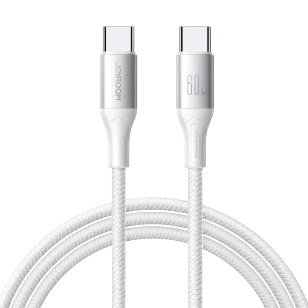 Câble USB‑C vers USB‑C Joyroom Flash Series, 1 m, blanc, gaine tressée, connecteurs métallisés, puissance 60 W indiquée sur l’embout, design épuré