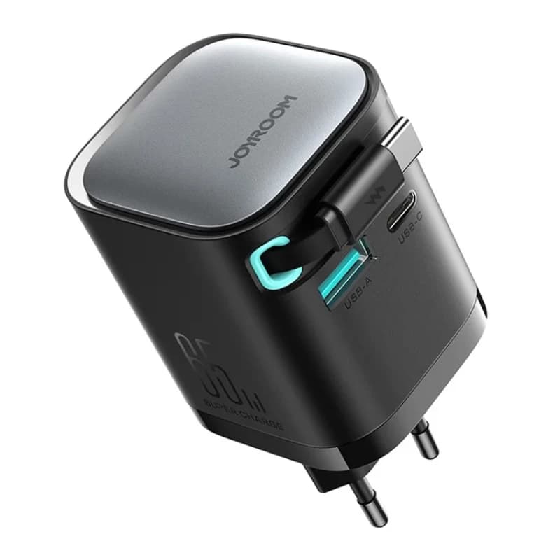 Carregador Joyroom USB-C com cabo retrátil integrado - 3 portas USB