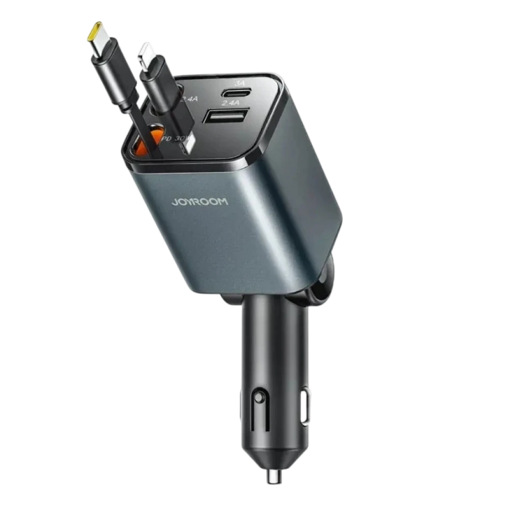 Chargeur de Voiture Joyroom 65 W compact en métal gris, deux ports USB A et USB C, câble rétractable intégré double connecteur, LED et prise allume cigare