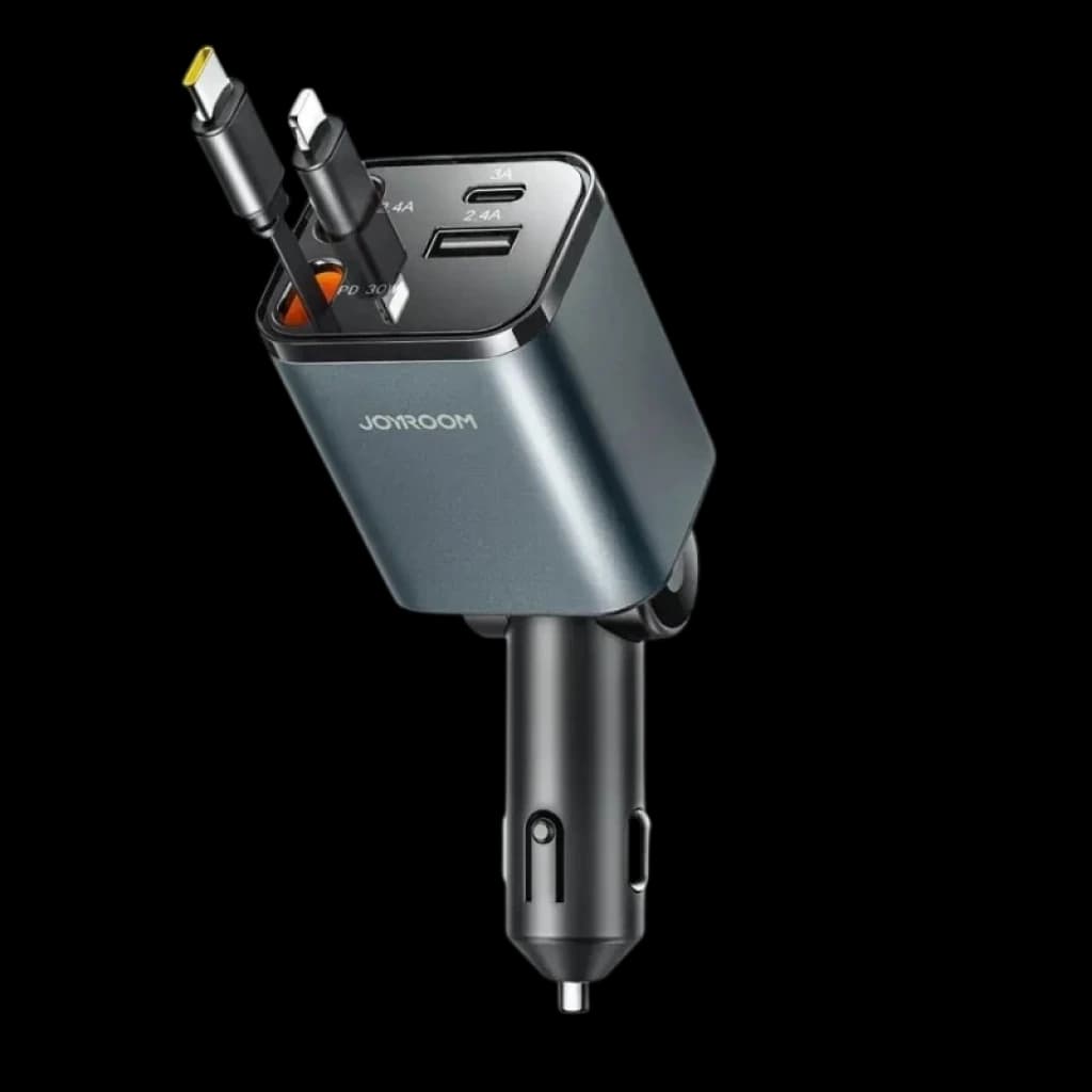 Carregador de Carro Joyroom 65 W em metal cinza, porta USB-A e USB-C, cabo retrátil embutido, indicador LED e design compacto para tomada veicular