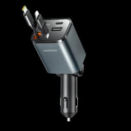 Carregador de Carro Joyroom 65 W em metal cinza, porta USB-A e USB-C, cabo retrátil embutido, indicador LED e design compacto para tomada veicular